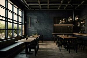 an modern interior restaurant full of grey furniture and black tables photo