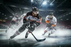 Hockey player is playing hockey in the stadium photo