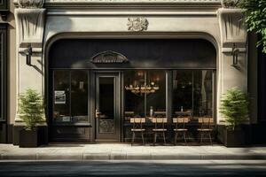 un oscuro negro restaurante con un circular arqueado Entrada foto