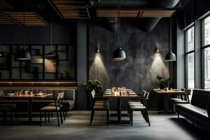 an modern interior restaurant full of grey furniture and black tables photo