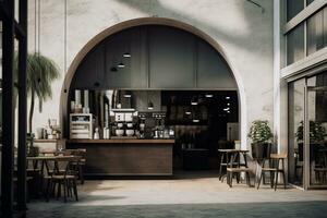 a dark black restaurant with a circular arched entrance photo