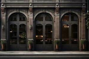 a dark black restaurant with a circular arched entrance photo