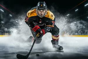 Hockey player is playing hockey in the stadium photo