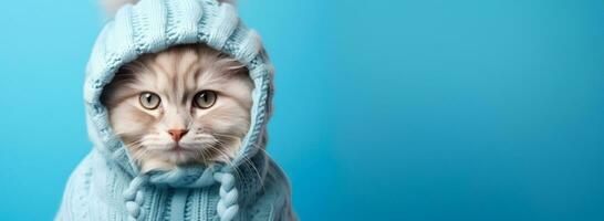 Cat in full knitted cozy costume isolated on vivid background with a place for text photo