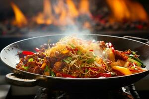 A close-up shot of a sizzling wok laden with vibrant ingredients showcasing the artistry of Asian street food steaming techniques photo