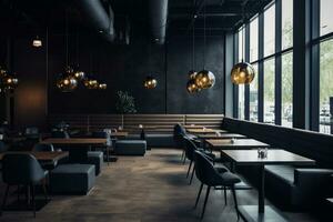 an modern interior restaurant full of grey furniture and black tables photo