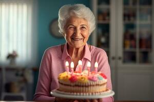 an elderly woman holding a birthday cake with several candles on bokeh style background photo