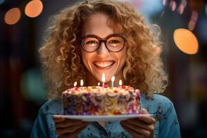 a woman holding a birthday cake with several candles on bokeh style background photo