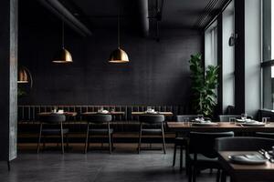 an modern interior restaurant full of grey furniture and black tables photo