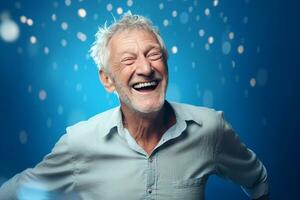 elderly man happy dance on bokeh style background photo