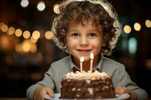 a boy holding a birthday cake with several candles on bokeh style background photo