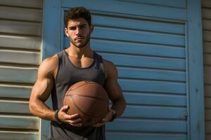 Handsome man with basketball on fashion style background photo