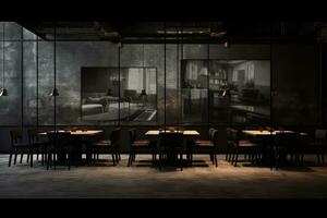 an modern interior restaurant full of grey furniture and black tables photo