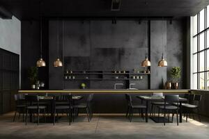 an modern interior restaurant full of grey furniture and black tables photo