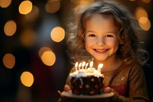 a girl holding a birthday cake with several candles on bokeh style background photo