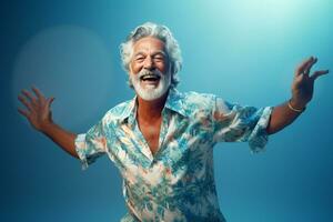 elderly man happy dance on bokeh style background photo