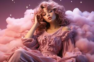 A mystical fairy at rest on a cloud isolated on a purple and pink gradient background photo