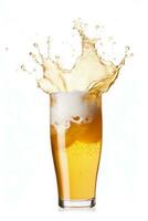 Frothy beer splash and pouring brew capture isolated on a white background photo