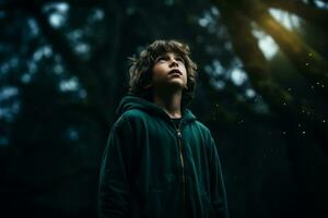 un niño mirando valientemente a un oscuro bosque aislado en un temperamental degradado antecedentes foto