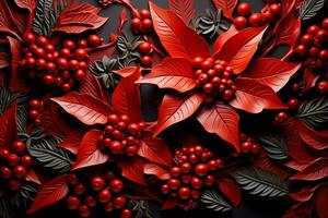 Bright red backgrounds complement intricately designed holly leaves creating a festive and eye-catching low relief photo