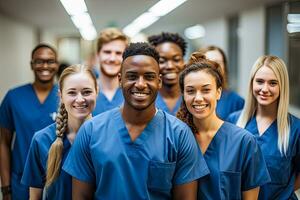 A team of doctors posing in a hospital smiling at the camera created using tools photo