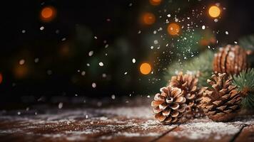 Classic Christmas pine cones sprinkled with faux snow beautifully clustered isolated on a rustic brown gradient background photo