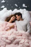 Romantic couples sleeping on dreamy cloud beds background with empty space for text photo