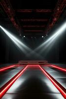 A stylish runway with empty seats and a catwalk background with empty space for text photo
