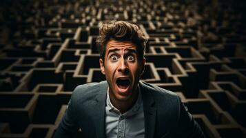 Being lost in a maze shocked face of a man dark background with a place for text photo