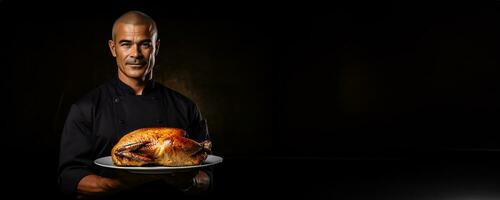 Portrait of a male chef holding his signature dish against a dark background photo