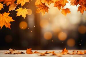 Autumn background with defocused falling maple leaves photo