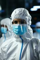Lab worker in protective gear handling samples background with empty space for text photo