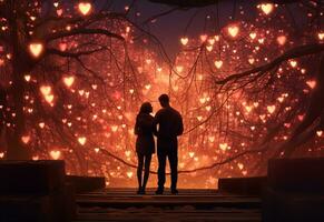 Ai generative A couple Hugging each other on Valentine's Day, area illuminated by the warm glow of hanging hearts photo