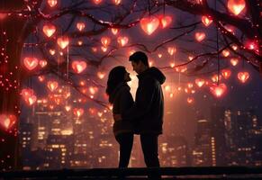 Ai generative A couple Hugging each other on Valentine's Day, area illuminated by the warm glow of hanging hearts photo