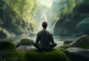 ai generative photo of a man practicing mindfulness and meditation in a peaceful natural environment sony A7s realistic image, ultra hd, high design very detailed