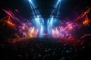 Ai generative Crowded Concert Stage Scenery With Spotlights and Colored Lights realistic image, ultra hd photo