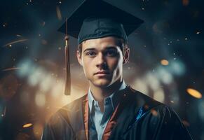 ai generativo doble exposición foto de joven hombre con graduación gorra tecnología antecedentes realista imagen