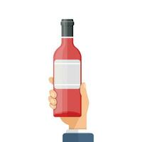 Hand holding wine bottle icon in flat style. Alcohol drink vector illustration on isolated background. Champagne beverage sign business concept.