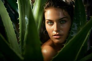 A stunning young woman posing with a vibrant green aloe vera plant. AI generated. photo