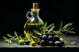 A bottle of olive oil next to a bunch of olives. AI Generated. photo