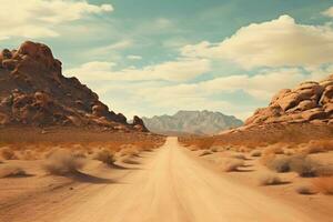 A scenic desert road stretching into the horizon. AI generated. photo