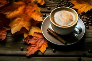 A cup of coffee with cigar surrounded by vibrant autumn leaves on a rustic saucer. AI generated. photo