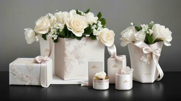 AI Generative. Delicate product packaging boxes gently nestle within the shopping cart, enchanting the eye. A pristine white bag and a floral bag that exude visual splendor. photo