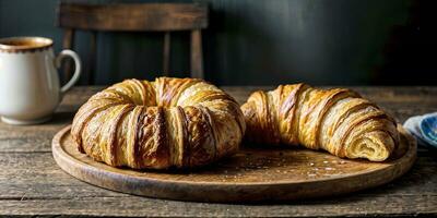 ai generativo. saludable encanto de Francia, de madera fondo marcos mantecoso croissants en un lámina, junto a atractivo tazas y sillas foto