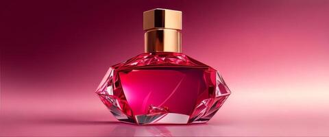 AI Generative. 3D Digital Illustration Beautiful Perfume Bottle in Luxurious Glass or Crystal, Against a Background in Pink and Purple Tones, Combining Matte Painting Techniques photo