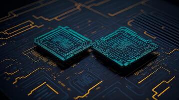 . Macro View of CPU Chip Integrated onto a Printed Circuit Board, Digital Illustration, Technology Art, Circuitry, Quantum Wave Monitoring, Advanced Technology, Isometric Perspective photo