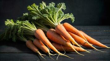 AI Generative. Nourishing Nature's Bounty. Studio-Lit Carrots Arranged Artfully on a Wooden Table, a Visual Delight photo