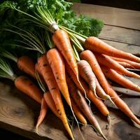 AI Generative. Organic Carrots Arranged in a Towering Display on a Dark Wood Table - Farm Fresh Beauty photo