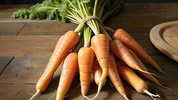 AI Generative. From Farm to Table. Studio-Lit Carrots Arranged Artfully on a Wooden Surface, Bursting with Color and Freshness photo