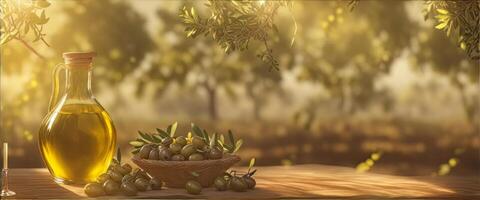 . Captivating Landscape. Sunlit Olive Field Embraces Golden Bottles of Olive Oil, Adorned with Leaves and Fruits, Creating a Scenic Banner with Ample Space for Text photo